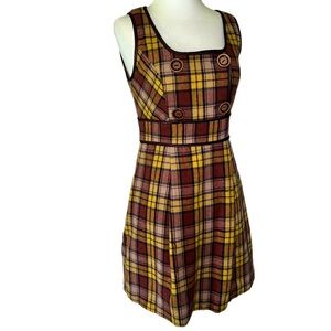 Vintage Retro Yellow Brown Plaid Tartan Pinafore Pinny Mini Midi Jumper Dress M